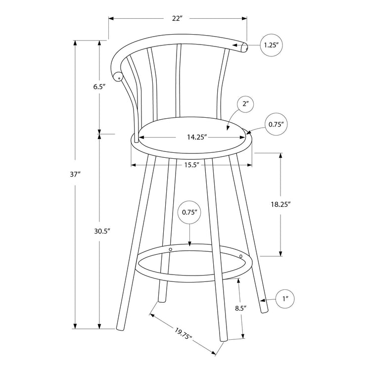 Monarch Specialties I 2399 - Tabouret De Bar, Lot De 2, Pivotant, Hauteur Bar, Métal Gris, Apparence De Cuir Noir, Contemporain, Moderne - Simple Boutique