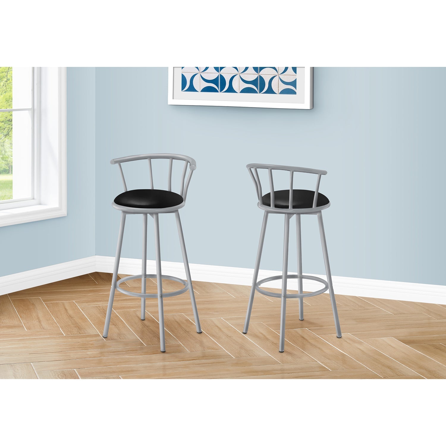 Monarch Specialties I 2399 - Tabouret De Bar, Lot De 2, Pivotant, Hauteur Bar, Métal Gris, Apparence De Cuir Noir, Contemporain, Moderne - Simple Boutique