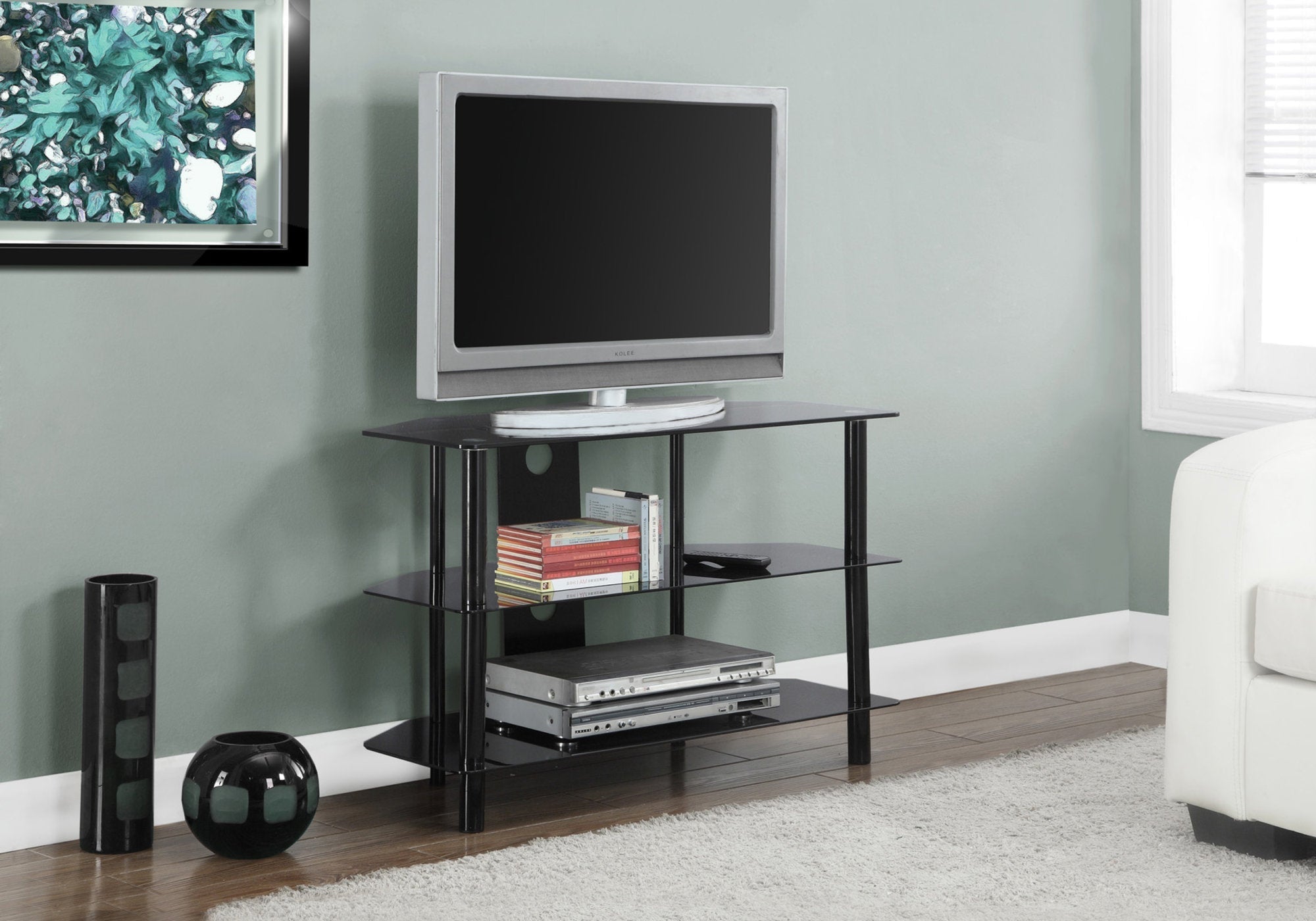 Monarch Specialties I 2506 Meuble Tv, 36 Pouces, Console, Centre De Divertissement Média, Étagères De Rangement, Salon, Chambre À Coucher, Verre Trempé, Métal, Noir, Dégager, Contemporain, Moderne - Simple Boutique