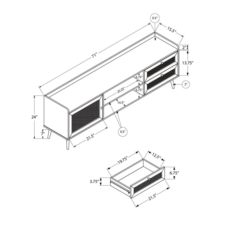 Monarch Specialties I 2723 - Meuble Tv, 72 Pouces, Console, Centre De Divertissement Média, Unite De Rangement, Salon, Chambre À Coucher, Stratifié Noyer, Jambes En Bois, Transitionnel - Simple Boutique