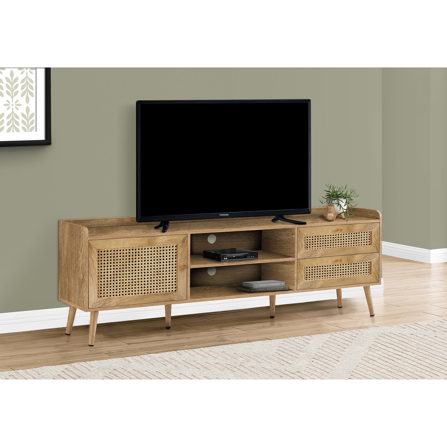 Monarch Specialties I 2723 - Meuble Tv, 72 Pouces, Console, Centre De Divertissement Média, Unite De Rangement, Salon, Chambre À Coucher, Stratifié Noyer, Jambes En Bois, Transitionnel - Simple Boutique