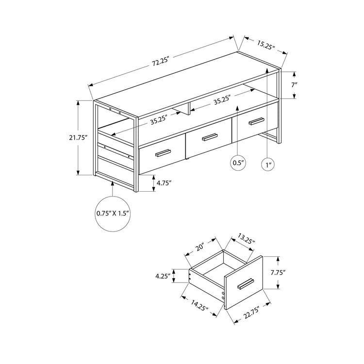 Monarch Specialties I 2846 - Meuble Tv, 72 Pouces, Centre De Divertissement Média, Tiroirs De Rangement, Revêtement Stratifié En Pierre Crème, Métal Noir, Contemporain, Moderne - Simple Boutique