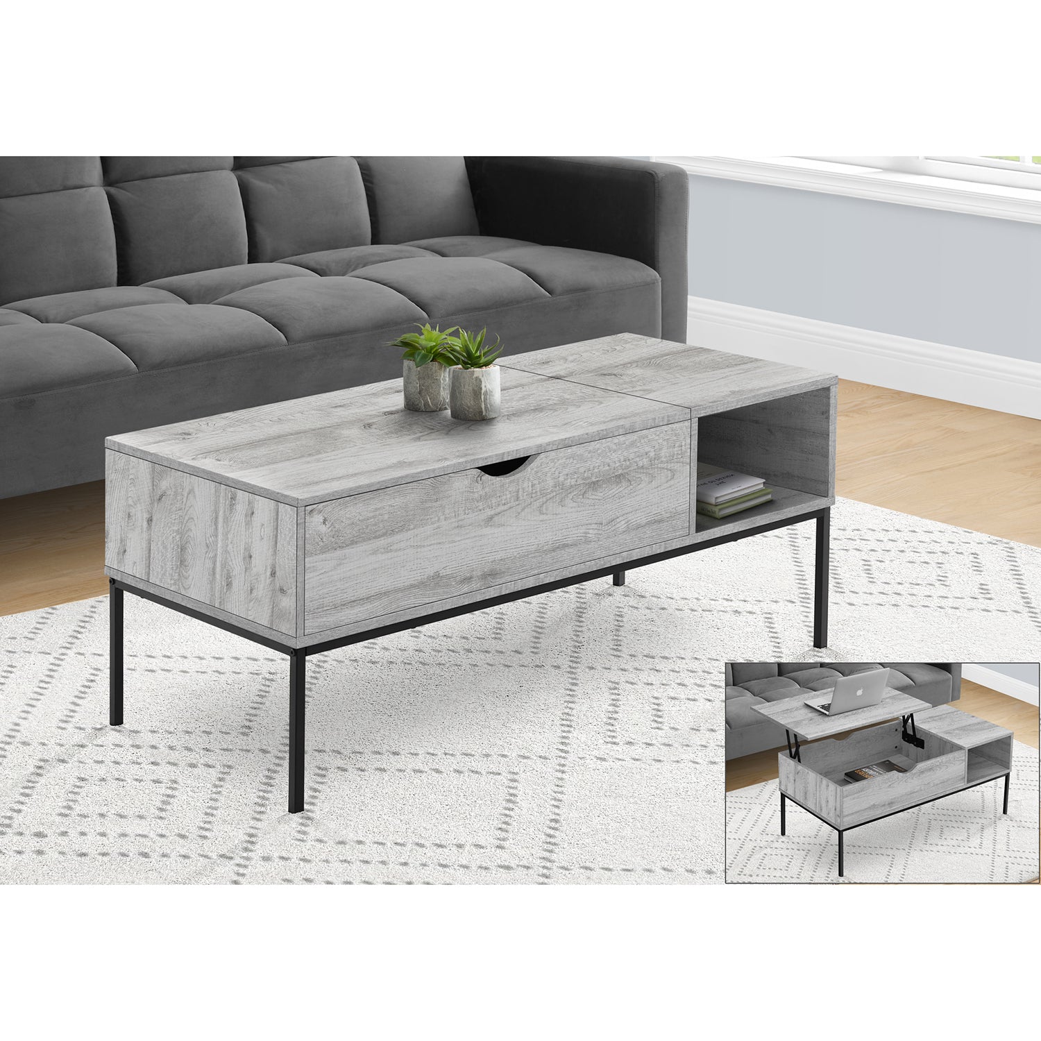 Monarch Specialties I 3805 - Table De Salon, 42" L, Rectangulaire, Cocktail, Gris, Métal Noir, Contemporain, Moderne - Simple Boutique