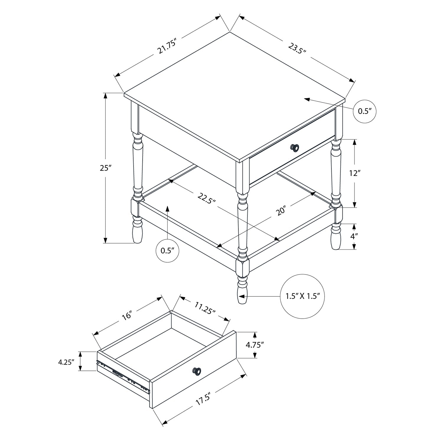 Monarch Specialties I 3976 - Table D'appoint, 2 Niveaux, Bout, Table D'appoint, Carré, Table De Nuit, Chambre À Coucher, Lampe, Placage Brun, Traditionnel - Simple Boutique