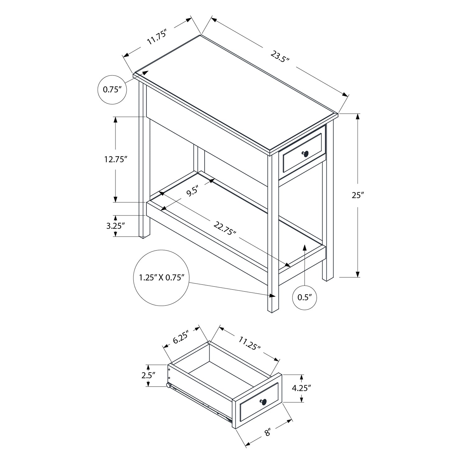 Monarch Specialties I 3990 - Table D'appoint, 2 Niveaux, Bout, Table D'appoint, Étroit, Table De Nuit, Chambre À Coucher, Tiroir De Rangement, Lampe, Placage Brun, Transitionnel - Simple Boutique