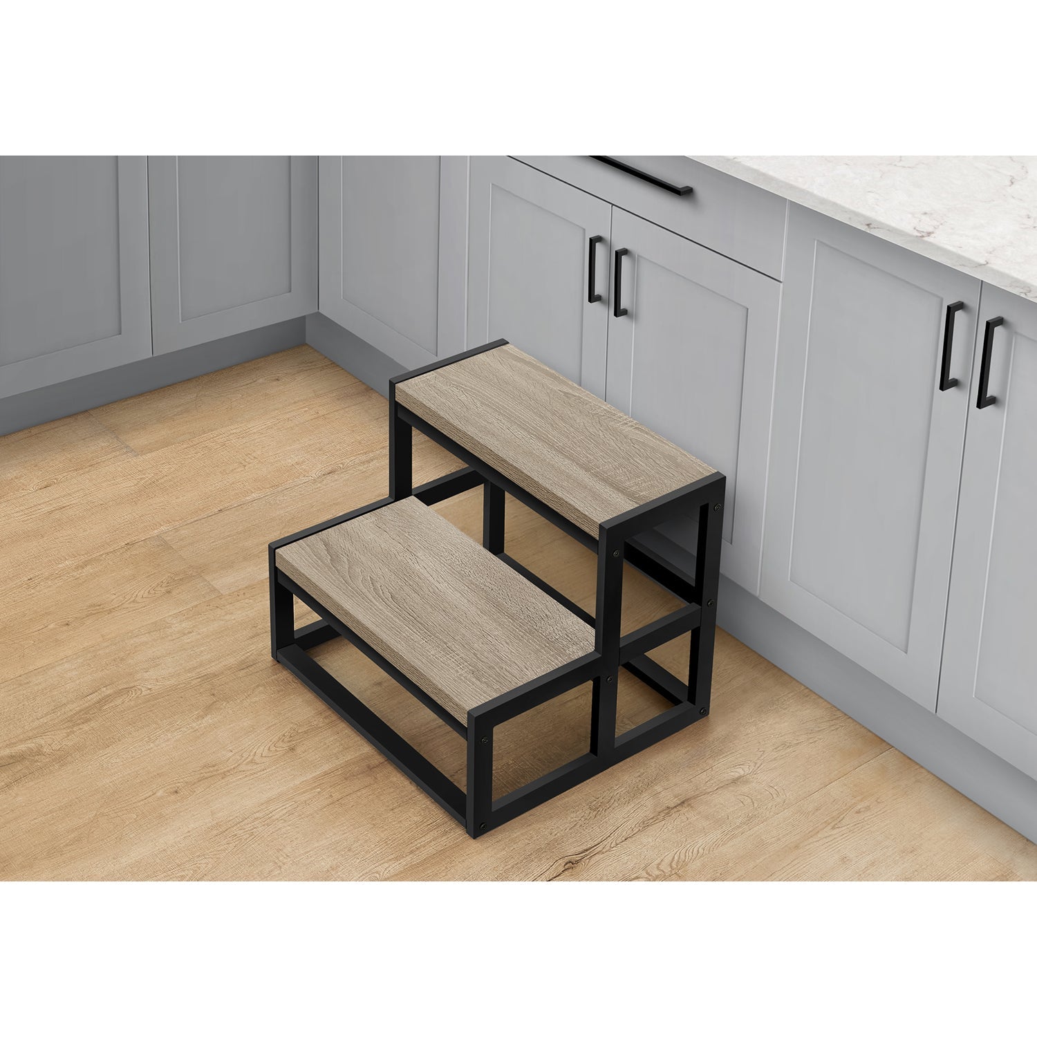 Monarch Specialties I 4000 - Escabeau, Tabouret À Une Marche, Chambre À Coucher, Cuisine, Métal Noir, Stratifié Taupe Foncé, Contemporain - Simple Boutique