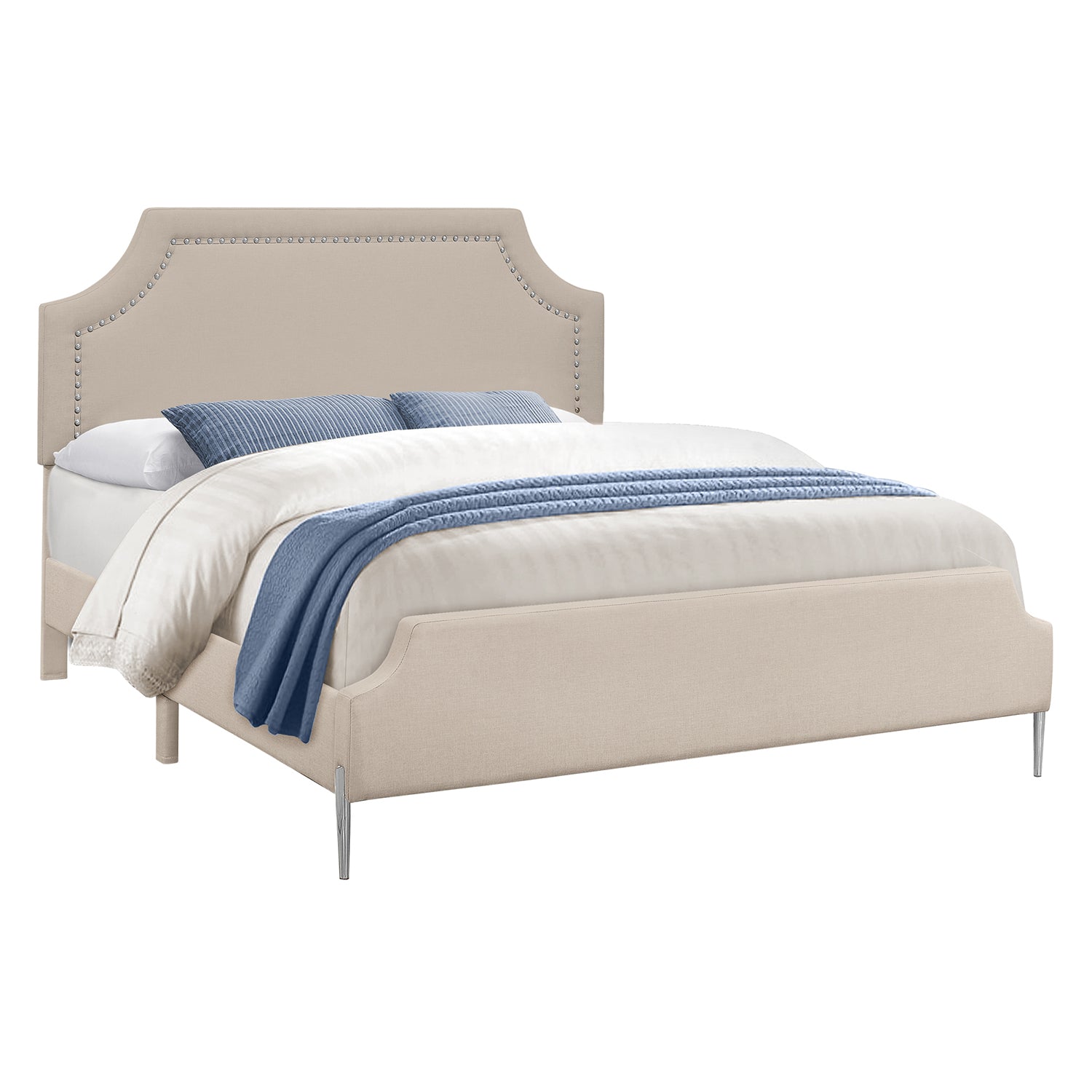 Monarch Specialties I 6036Q - Lit, Grand, Chambre À Coucher, Cadre, Rembourré, Regard Lin Lin Beige, Pieds En Métal Chrome, Transitionnel - Simple Boutique