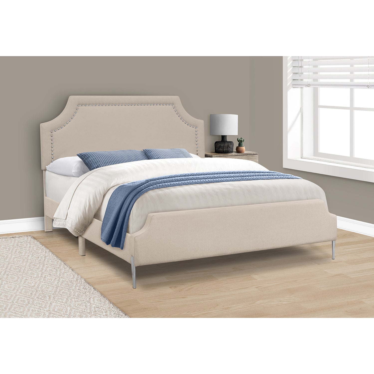 Monarch Specialties I 6036Q - Lit, Grand, Chambre À Coucher, Cadre, Rembourré, Regard Lin Lin Beige, Pieds En Métal Chrome, Transitionnel - Simple Boutique
