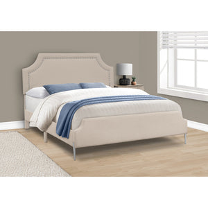 Monarch Specialties I 6036Q - Lit, Grand, Chambre À Coucher, Cadre, Rembourré, Regard Lin Lin Beige, Pieds En Métal Chrome, Transitionnel - Simple Boutique