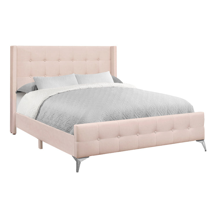 Monarch Specialties I 6042Q - Lit, Grand, Chambre À Coucher, Rembourré, Velours Rose, Pieds En Métal Chrome - Simple Boutique