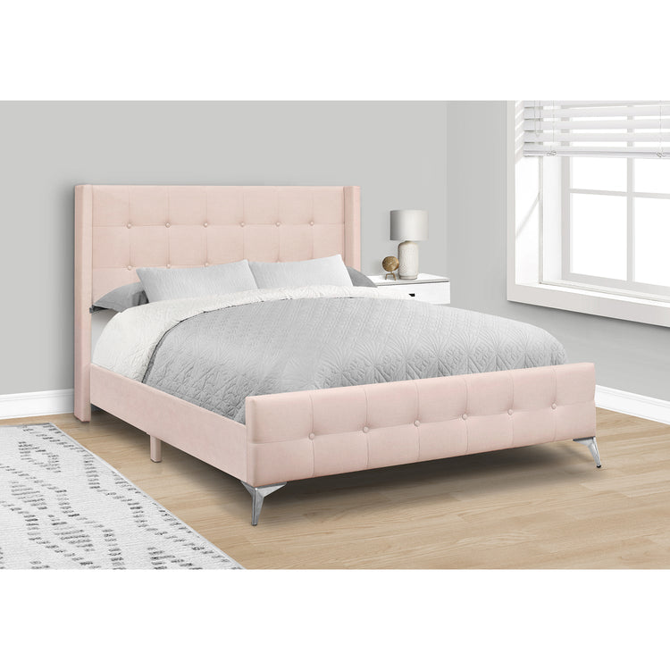 Monarch Specialties I 6042Q - Lit, Grand, Chambre À Coucher, Rembourré, Velours Rose, Pieds En Métal Chrome - Simple Boutique