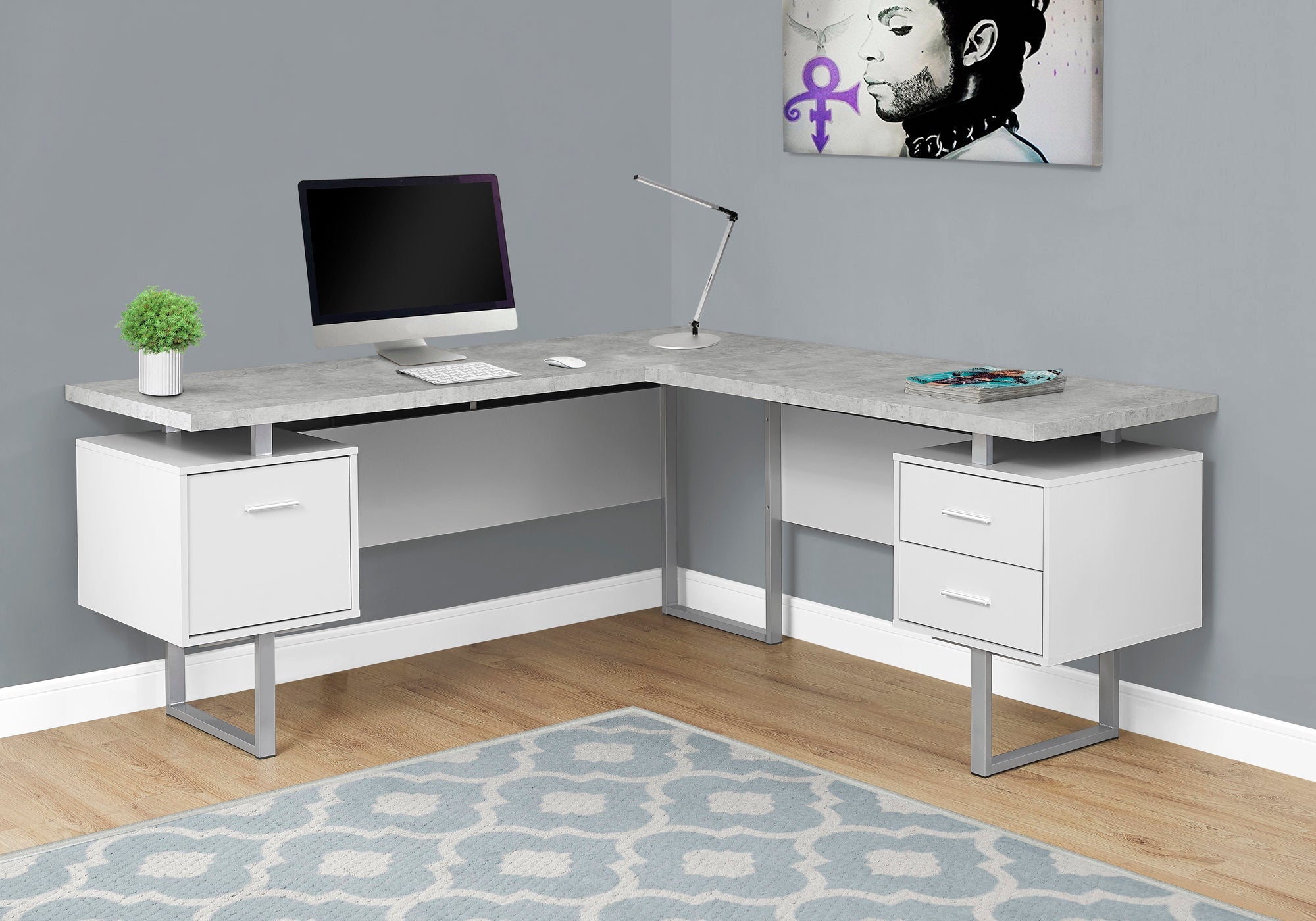 Monarch Specialties I 7307 Bureau, Bureau À Domicile, Coin, Configuration Gauche, Droite, Tiroirs De Rangement, 70"l, Forme De L, Travail, Ordinateur Portable, Métal, Stratifié, Gris, Blanc, Contemporain, Moderne - Simple Boutique