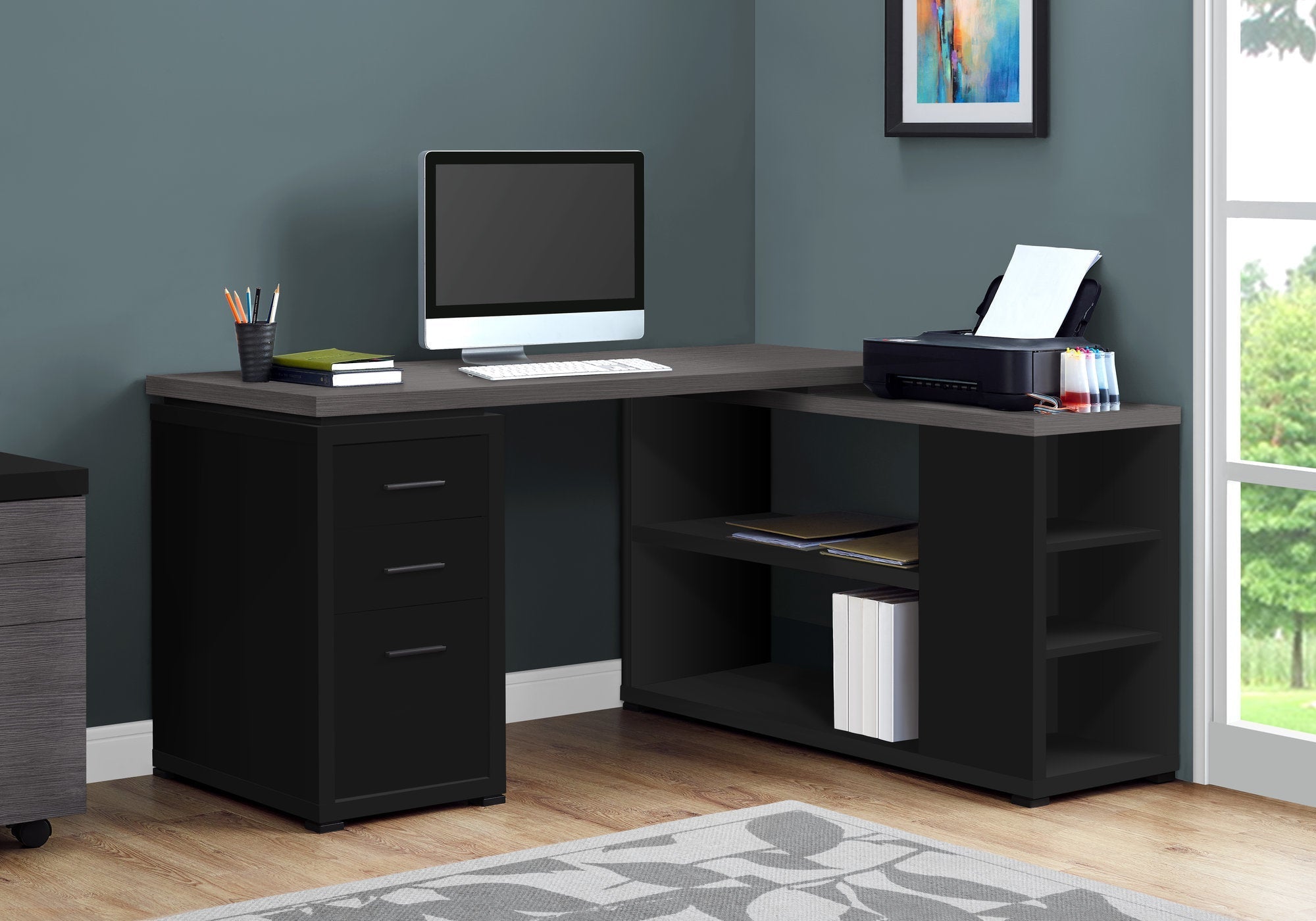 Monarch Specialties I 7419 Bureau, Bureau À Domicile, Coin, Configuration Gauche, Droite, Tiroirs De Rangement, Forme De L, Travail, Ordinateur Portable, Stratifié, Noir, Gris, Contemporain, Moderne - Simple Boutique