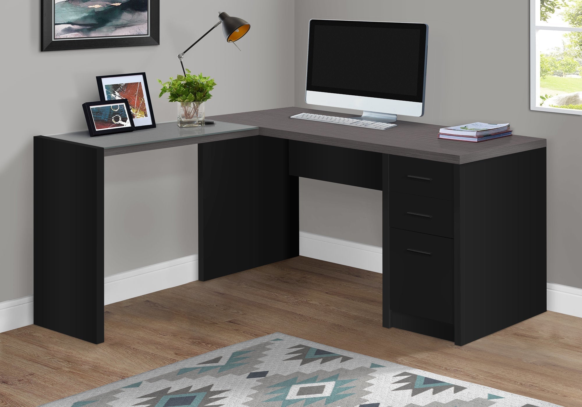 Monarch Specialties I 7431 Bureau, Bureau À Domicile, Coin, Configuration Gauche, Droite, Tiroirs De Rangement, Forme De L, Travail, Ordinateur Portable, Stratifié, Verre Trempé, Noir, Gris, Contemporain, Moderne - Simple Boutique