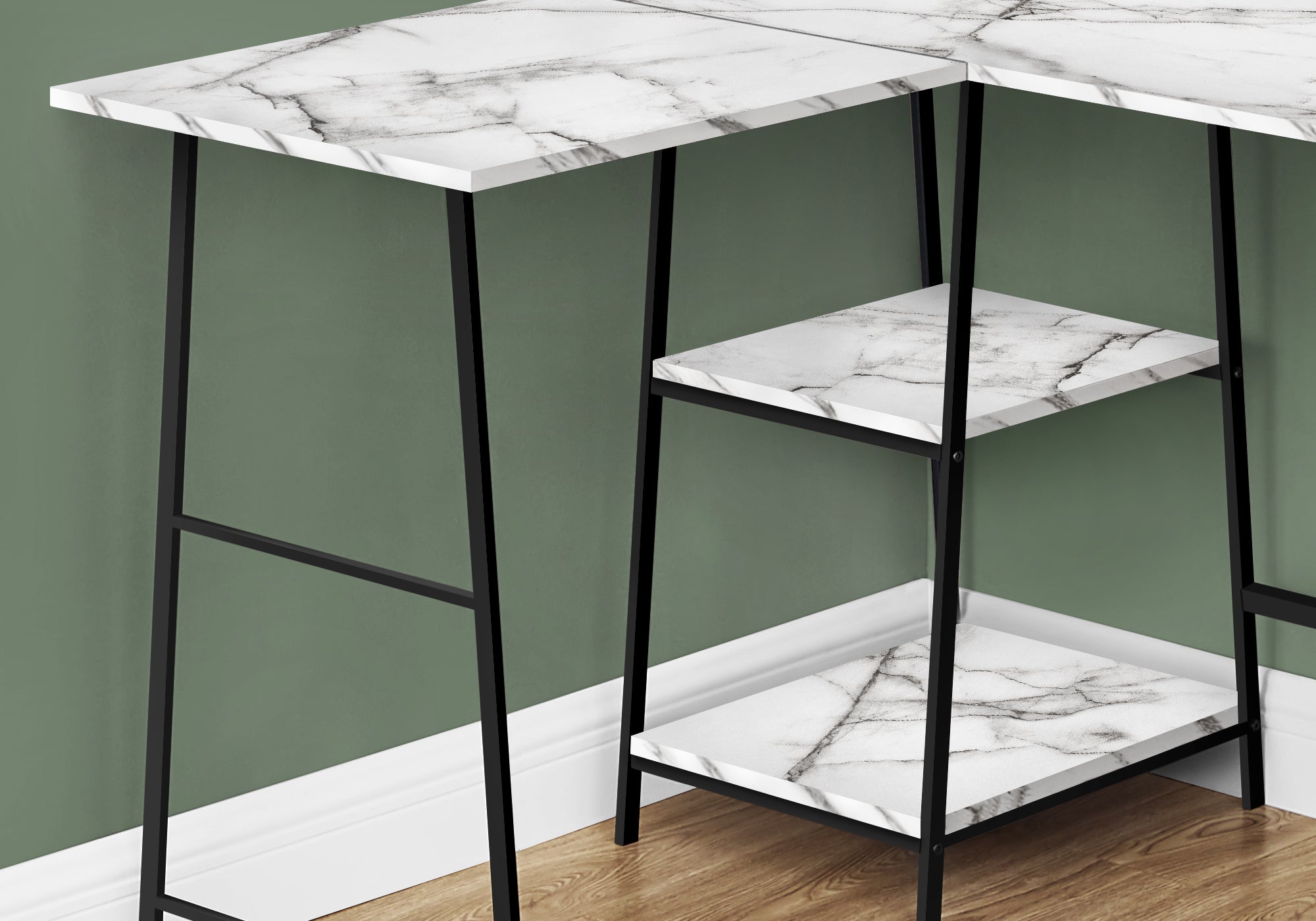 Monarch Specialties I 7595 Bureau, Bureau À Domicile, Coin, Étagères De Rangement, 48"l, Forme De L, Travail, Ordinateur Portable, Métal, Stratifié, Aspect Marbre Blanc, Noir, Contemporain, Moderne - Simple Boutique