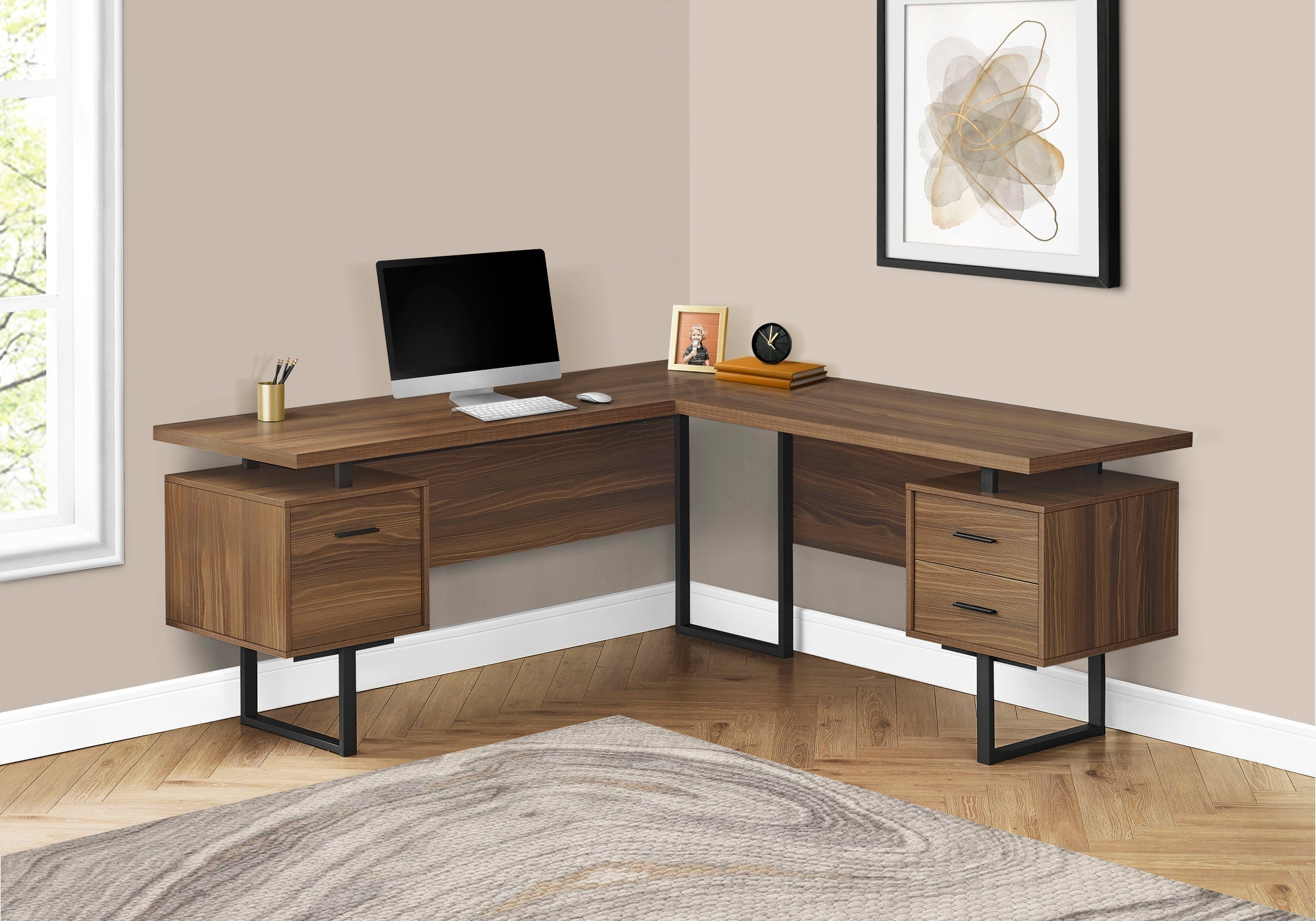 Monarch Specialties I 7610 Bureau, Bureau À Domicile, Coin, Configuration Gauche, Droite, Tiroirs De Rangement, 70"l, Forme De L, Travail, Ordinateur Portable, Métal, Stratifié, Noyer, Noir, Contemporain, Moderne - Simple Boutique