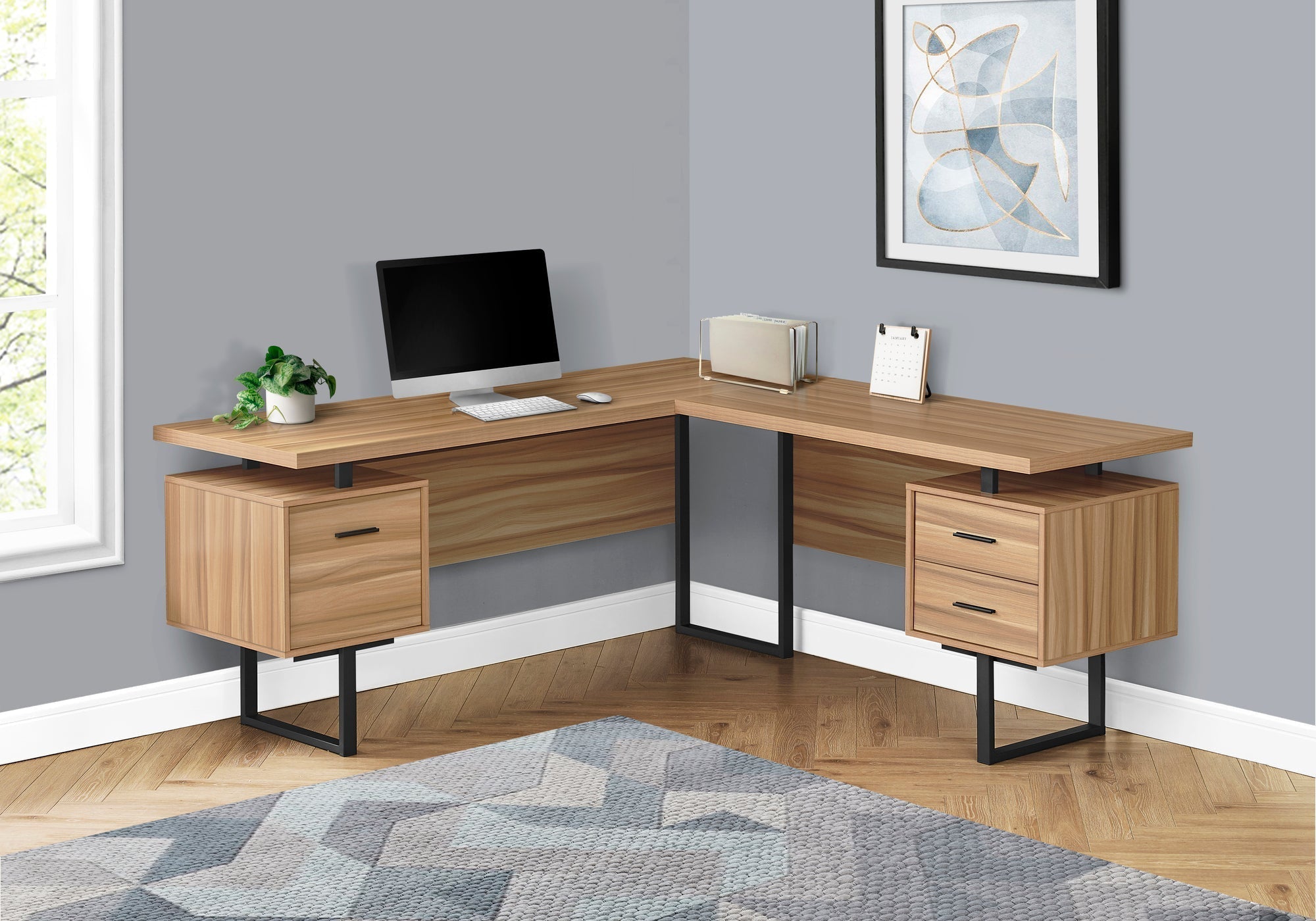 Monarch Specialties I 7612 Bureau, Bureau À Domicile, Coin, Configuration Gauche, Droite, Tiroirs De Rangement, 70"l, Forme De L, Travail, Ordinateur Portable, Métal, Stratifié, Brun, Noir, Contemporain, Moderne - Simple Boutique