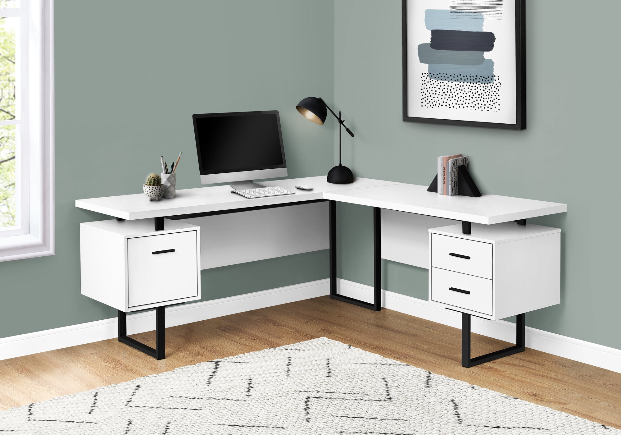Monarch Specialties I 7616 Bureau, Bureau À Domicile, Coin, Configuration Gauche, Droite, Tiroirs De Rangement, 70"l, Forme De L, Travail, Ordinateur Portable, Métal, Stratifié, Blanc, Noir, Contemporain, Moderne - Simple Boutique