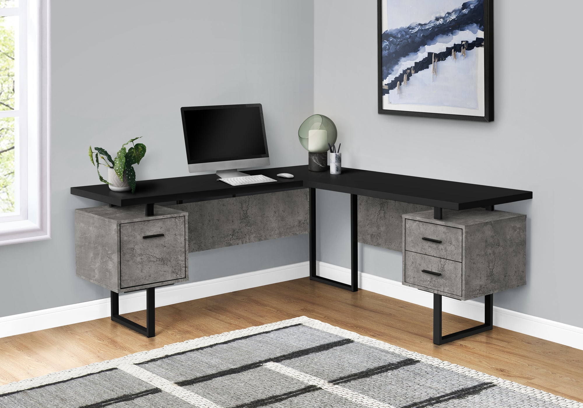 Monarch Specialties I 7617 Bureau, Bureau À Domicile, Coin, Configuration Gauche, Droite, Tiroirs De Rangement, 70"l, Forme De L, Travail, Ordinateur Portable, Métal, Stratifié, Gris, Noir, Contemporain, Moderne - Simple Boutique