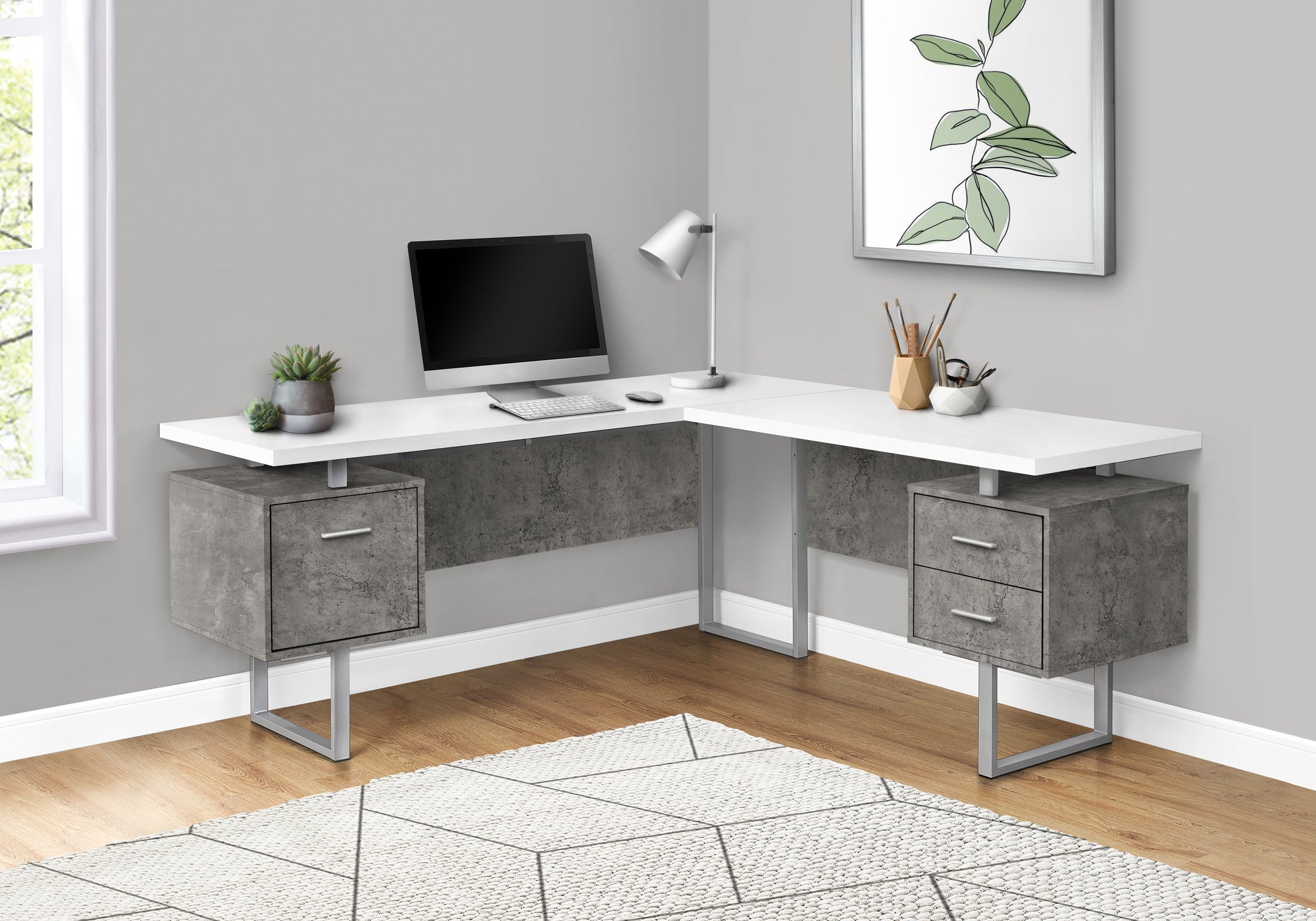 Monarch Specialties I 7618 Bureau, Bureau À Domicile, Coin, Configuration Gauche, Droite, Tiroirs De Rangement, 70"l, Forme De L, Travail, Ordinateur Portable, Métal, Stratifié, Gris, Blanc, Contemporain, Moderne - Simple Boutique