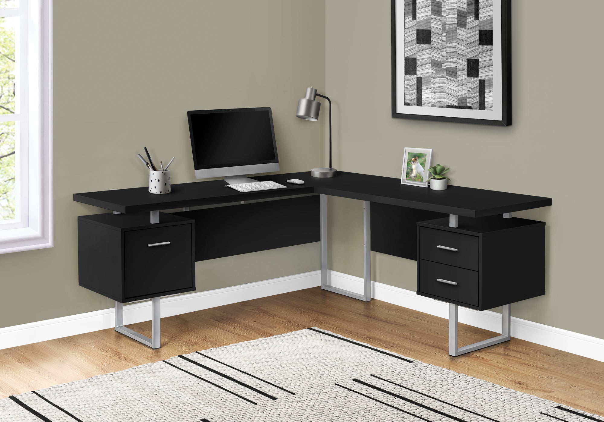 Monarch Specialties I 7619 Bureau, Bureau À Domicile, Coin, Configuration Gauche, Droite, Tiroirs De Rangement, 70"l, Forme De L, Travail, Ordinateur Portable, Métal, Stratifié, Noir, Gris, Contemporain, Moderne - Simple Boutique