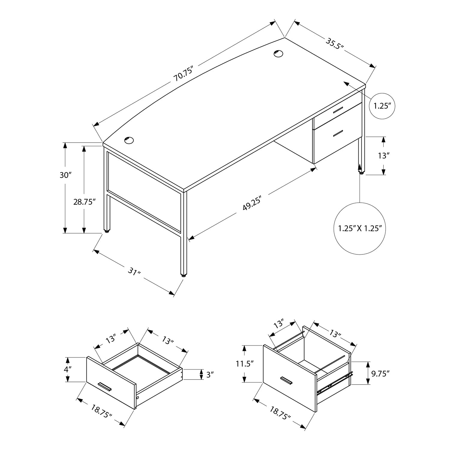 Monarch Specialties I 7725 - Bureau, 72"L, Bureau À Domicile, Travail, Ordinateur Portable, Qualité Commerciale, Tiroir De Rangement De Fichiers, Stratifié Blanc, Métal Argenté, Contemporain, Moderne - Simple Boutique