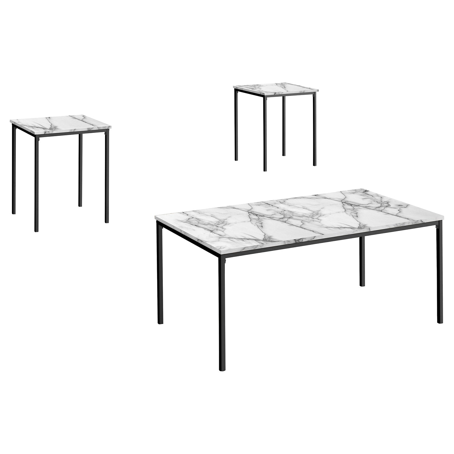 Monarch Specialties I 7892P - Ens De Tables, Ensemble 3pcs, Café, Bout, Métal Noir, Stratifié Aspect Marbre Blanc, Contemporain, Moderne - Simple Boutique