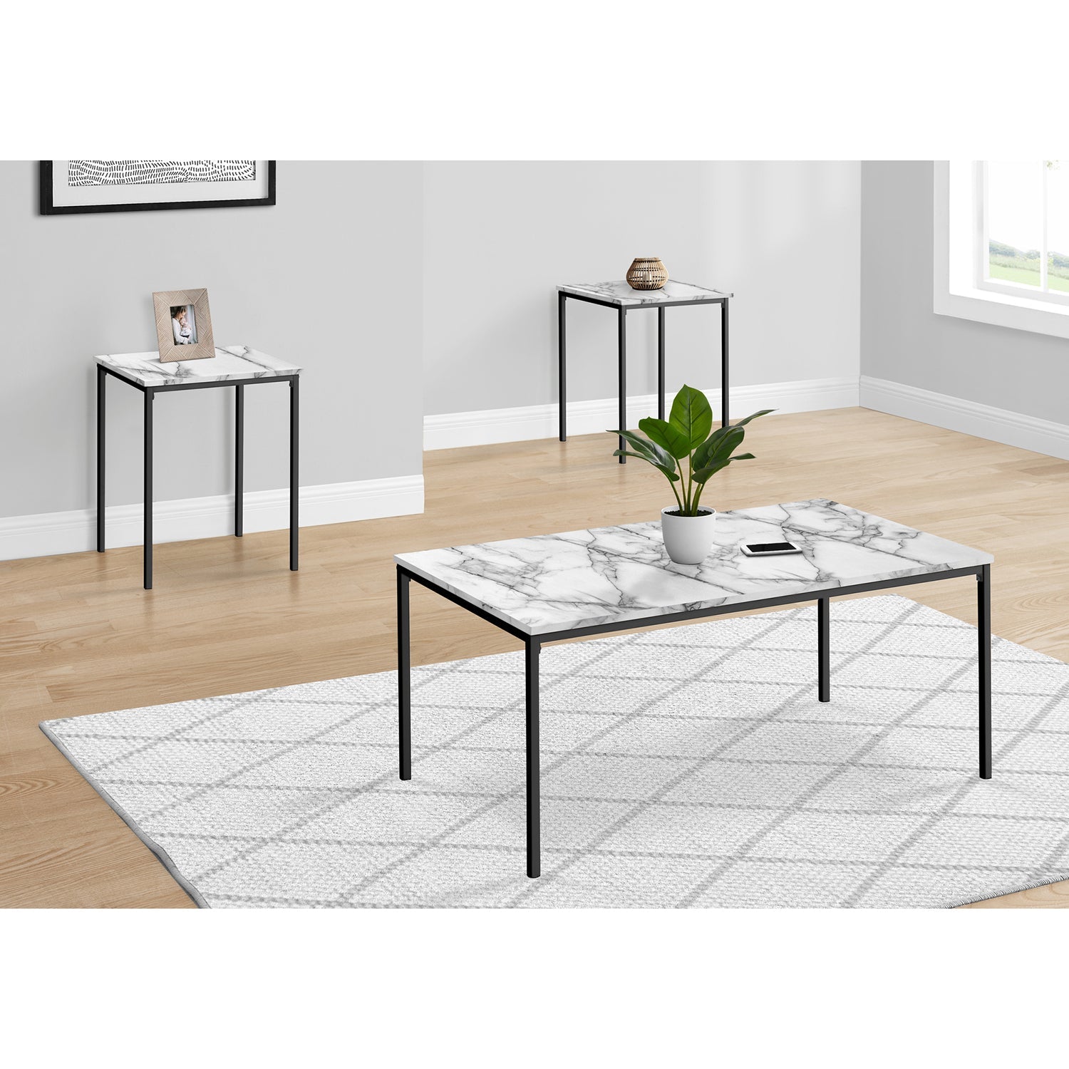 Monarch Specialties I 7892P - Ens De Tables, Ensemble 3pcs, Café, Bout, Métal Noir, Stratifié Aspect Marbre Blanc, Contemporain, Moderne - Simple Boutique