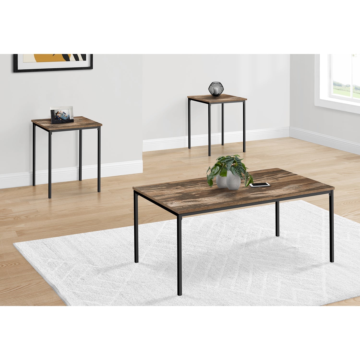 Monarch Specialties I 7893P - Ens De Tables, Ensemble 3pcs, Café, Bout, Métal Noir, Laminé Recyclé Brun, Contemporain, Moderne - Simple Boutique