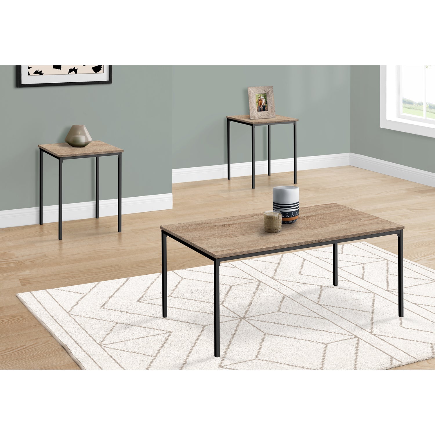 Monarch Specialties I 7895P - Ens De Tables, Ensemble 3pcs, Café, Bout, Métal Noir, Laminé Taupe Foncé, Contemporain, Moderne - Simple Boutique