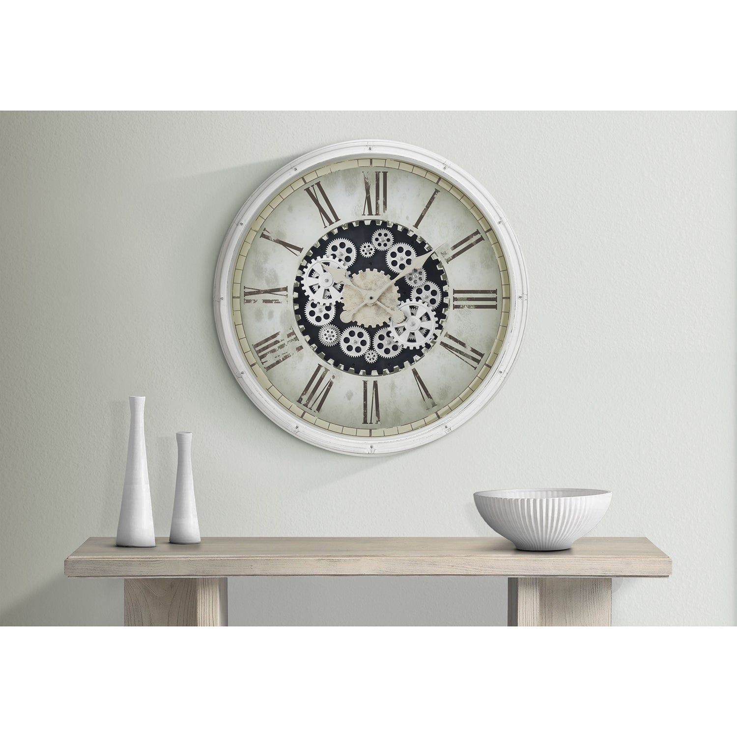 Monarch Specialties I 9033 - Horloge, 30" Rond, Mécanisme D'engrenage, Surdimensionné Grand, Horloge Murale, Blanc, Transitionnel - Simple Boutique