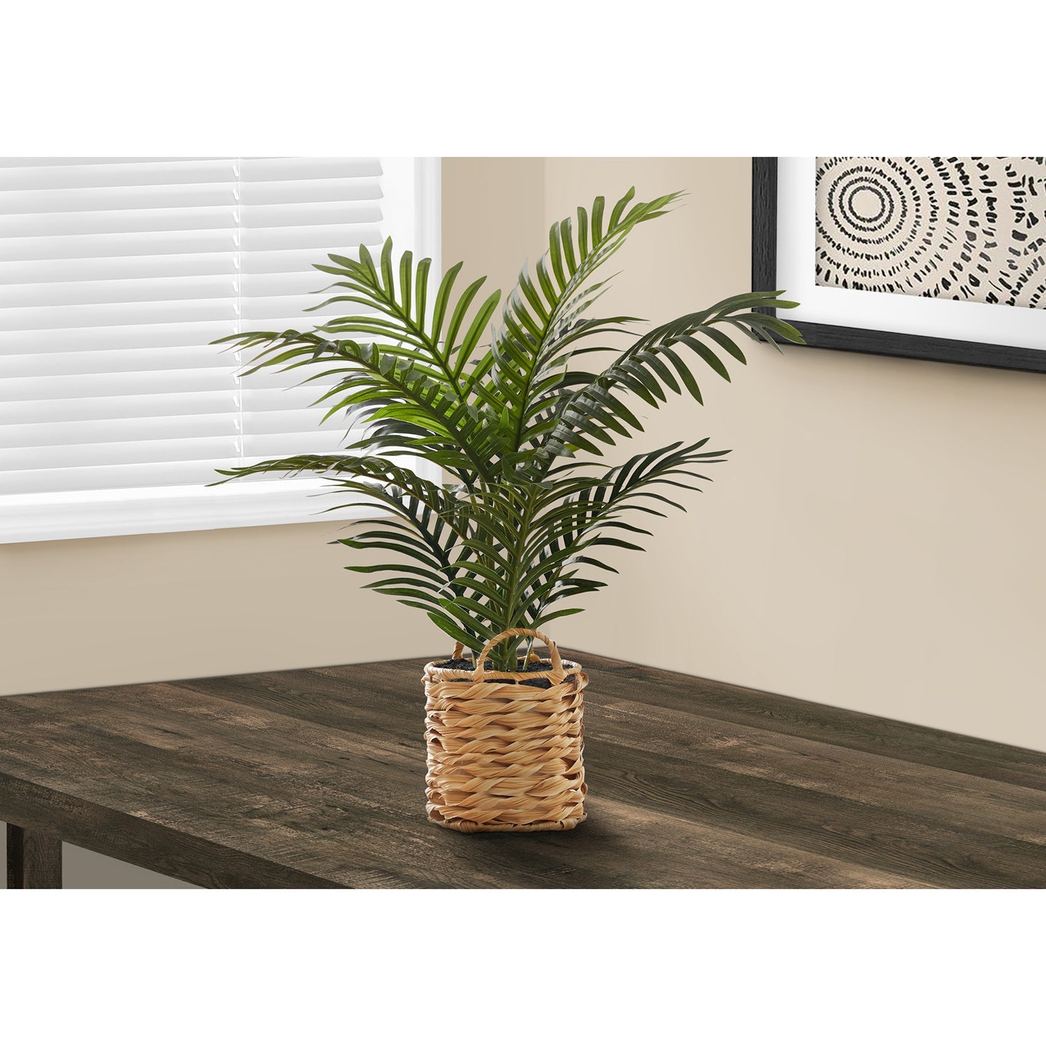 Monarch Specialties I 9503 - Plante Artificielle, 24" De Haut, Palme, Intérieur, Faux, Faux, Table, Plancher, Verdure, Mis En Pot, Vraie Touche, Décoratif, Feuilles Vertes, Panier Tissé Beige - Simple Boutique
