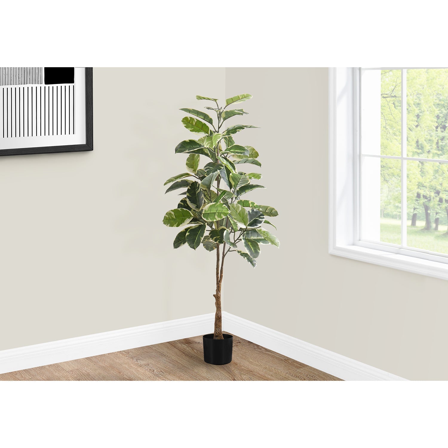 Monarch Specialties I 9513 - Plante Artificielle, 52" De Haut, Arbre À Caoutchouc, Intérieur, Faux, Faux, Étage, Verdure, Mis En Pot, Vraie Touche, Décoratif, Feuilles Vertes, Pot Noir - Simple Boutique
