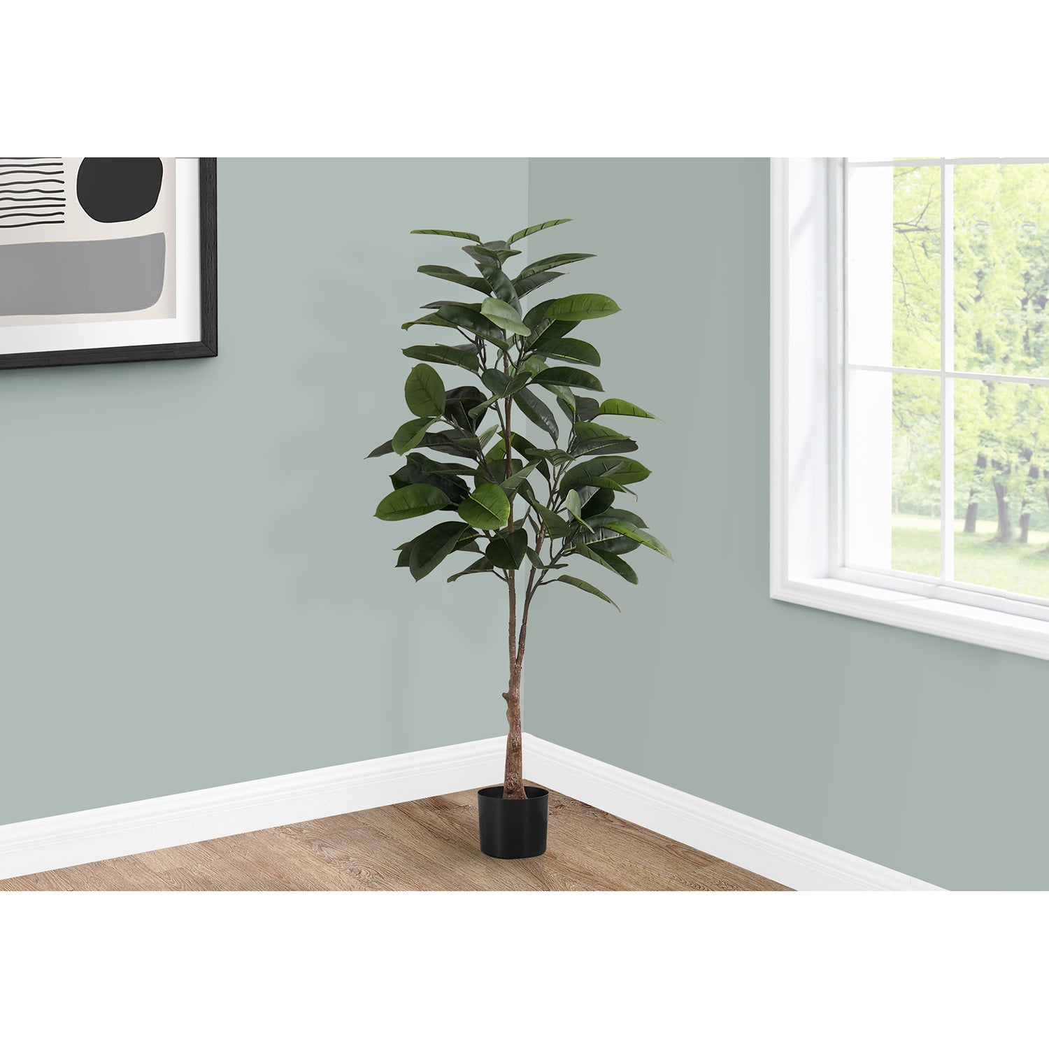 Monarch Specialties I 9514 - Plante Artificielle, 52" De Haut, Arbre À Caoutchouc, Intérieur, Faux, Faux, Étage, Verdure, Mis En Pot, Vraie Touche, Décoratif, Feuilles Vertes, Pot Noir - Simple Boutique