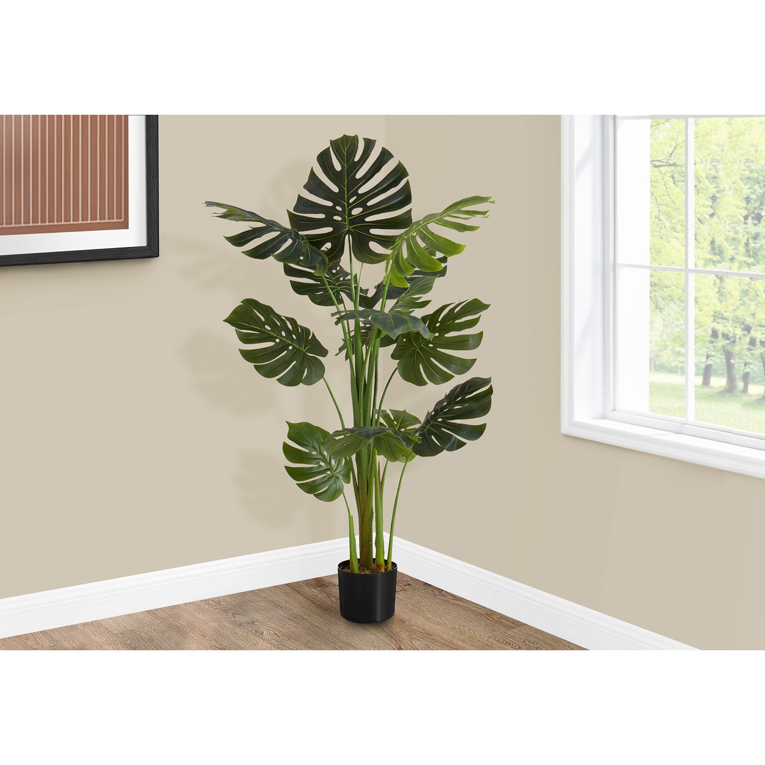 Monarch Specialties I 9548 - Plante Artificielle, 55" De Haut, Arbre Monstera, Intérieur, Faux, Faux, Étage, Verdure, Mis En Pot, Vraie Touche, Décoratif, Feuilles Vertes, Pot Noir - Simple Boutique