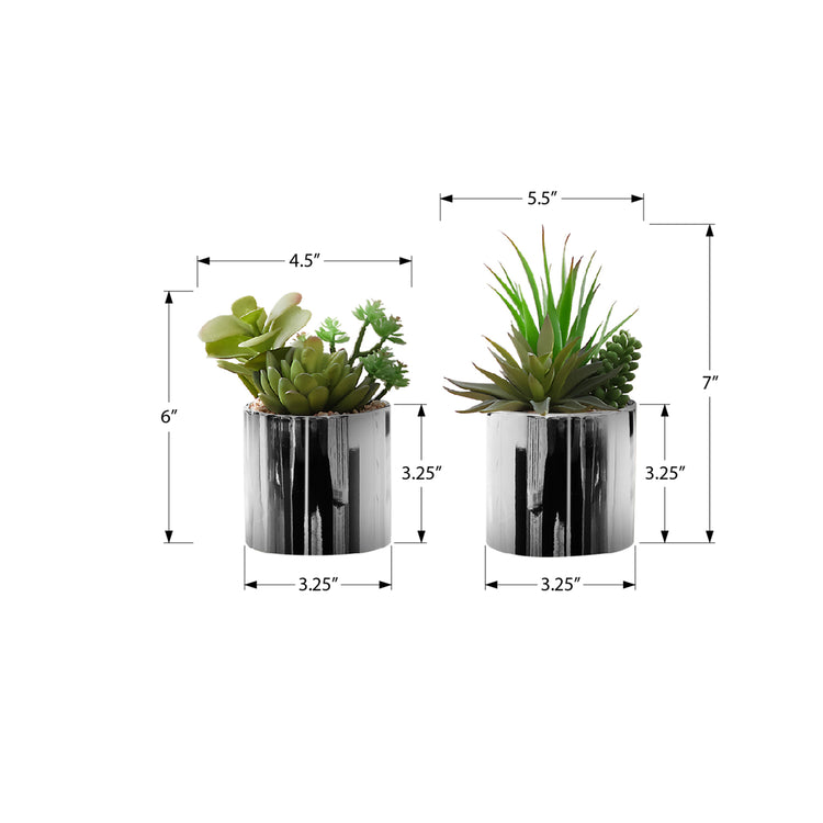 Monarch Specialties I 9550 - Plante Artificielle, 7" De Haut, Succulent, Intérieur, Faux, Faux, Table, Verdure, Mis En Pot, Ensemble De 2, Décoratif, Plantes Vertes, Pots En Chrome - Simple Boutique