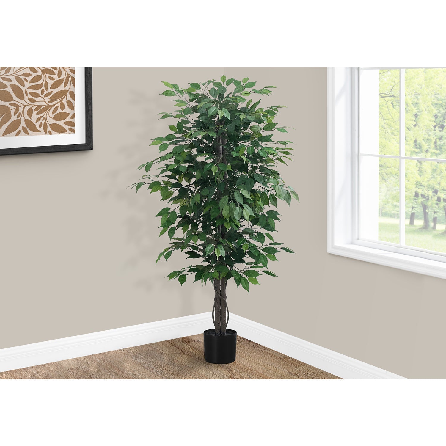 Monarch Specialties I 9564 - Plante Artificielle, 58" De Haut, Ficus, Intérieur, Faux, Faux, Étage, Verdure, Mis En Pot, Décoratif, Feuilles Vertes, Pot Noir - Simple Boutique