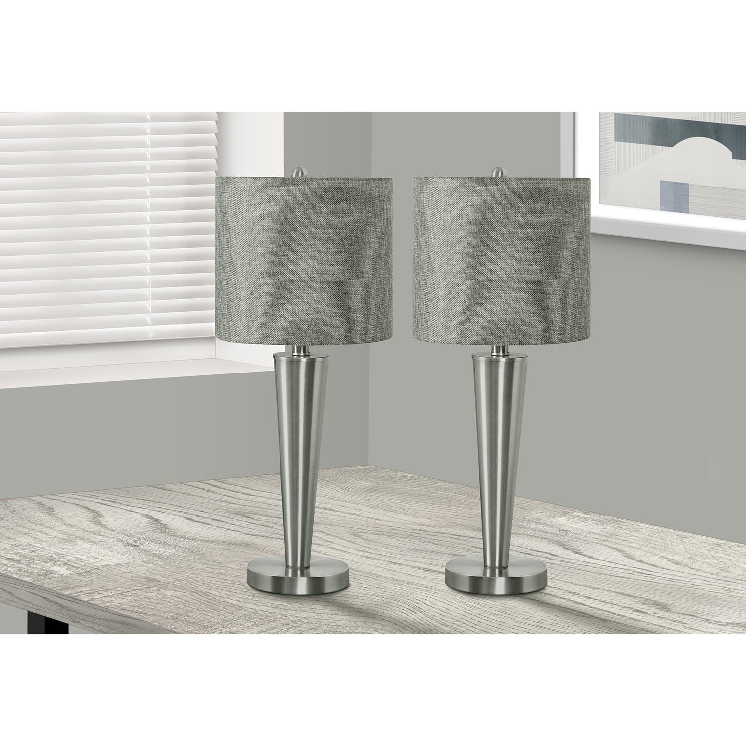 Monarch Specialties I 9642 - Luminaire, Ensemble De 2, 24"H, Lampe De Table, Nickel , Abat-jour Gris, Contemporain - Simple Boutique