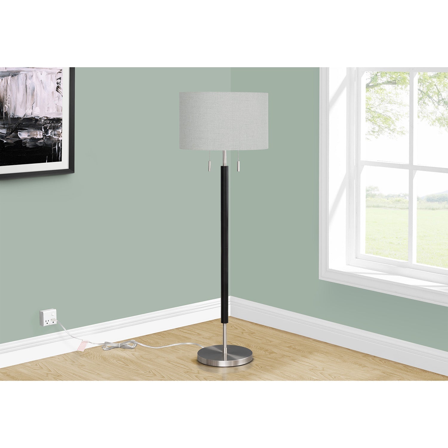 Monarch Specialties I 9748 - Luminaire, 60"H, Métal Nickelé, Abat-jour Gris, Contemporain - Simple Boutique
