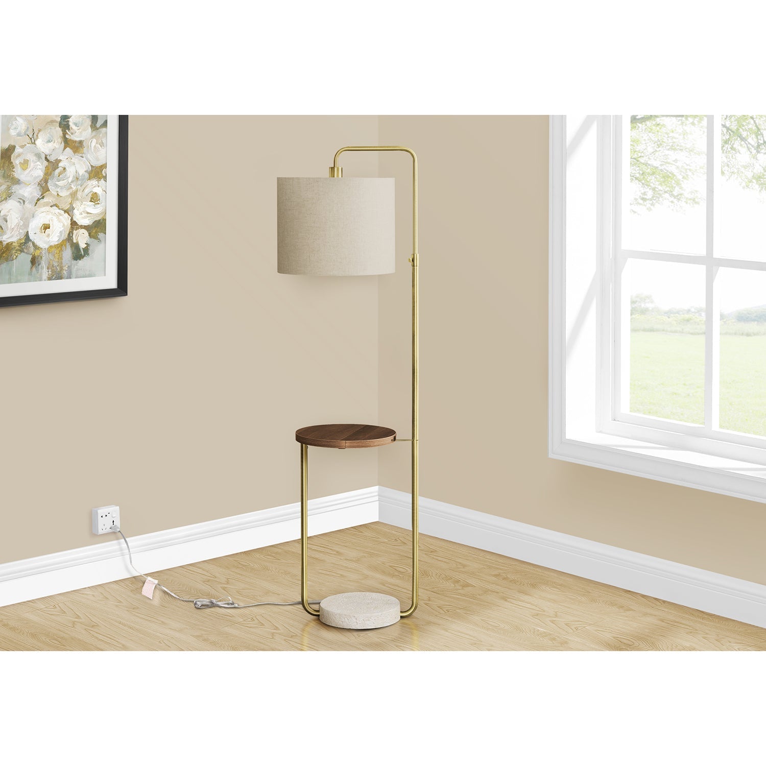 Monarch Specialties I 9754 - Luminaire, 67"H, Lampadaire, Port Usb Inclus, Métal En Laiton, Abat-jour Beige, Contemporain - Simple Boutique