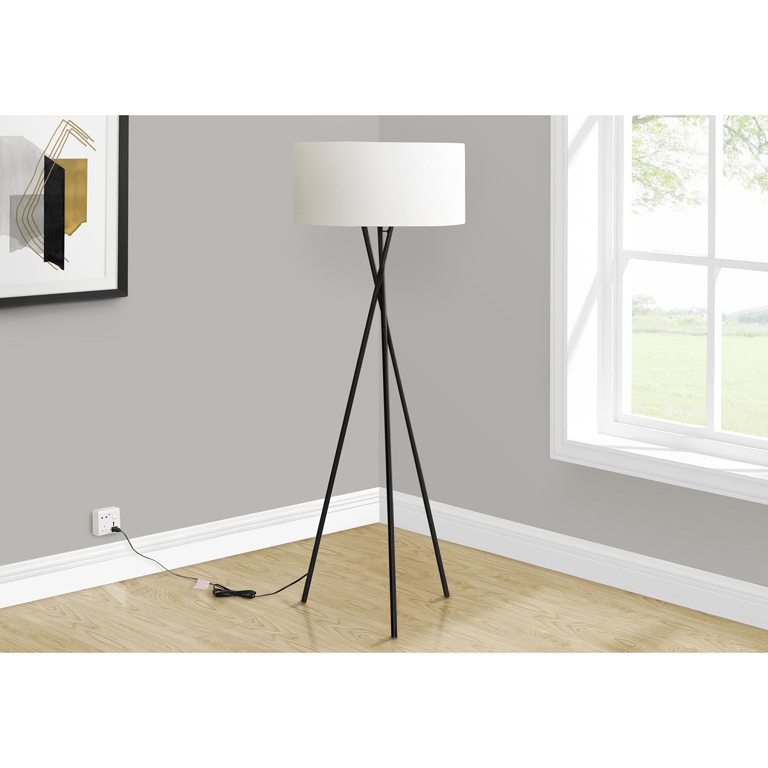 Monarch Specialties I 9756 - Luminaire, 62"H, Lampadaire, Métal Noir, Abat-jour Ivoire / Crème, Contemporain - Simple Boutique