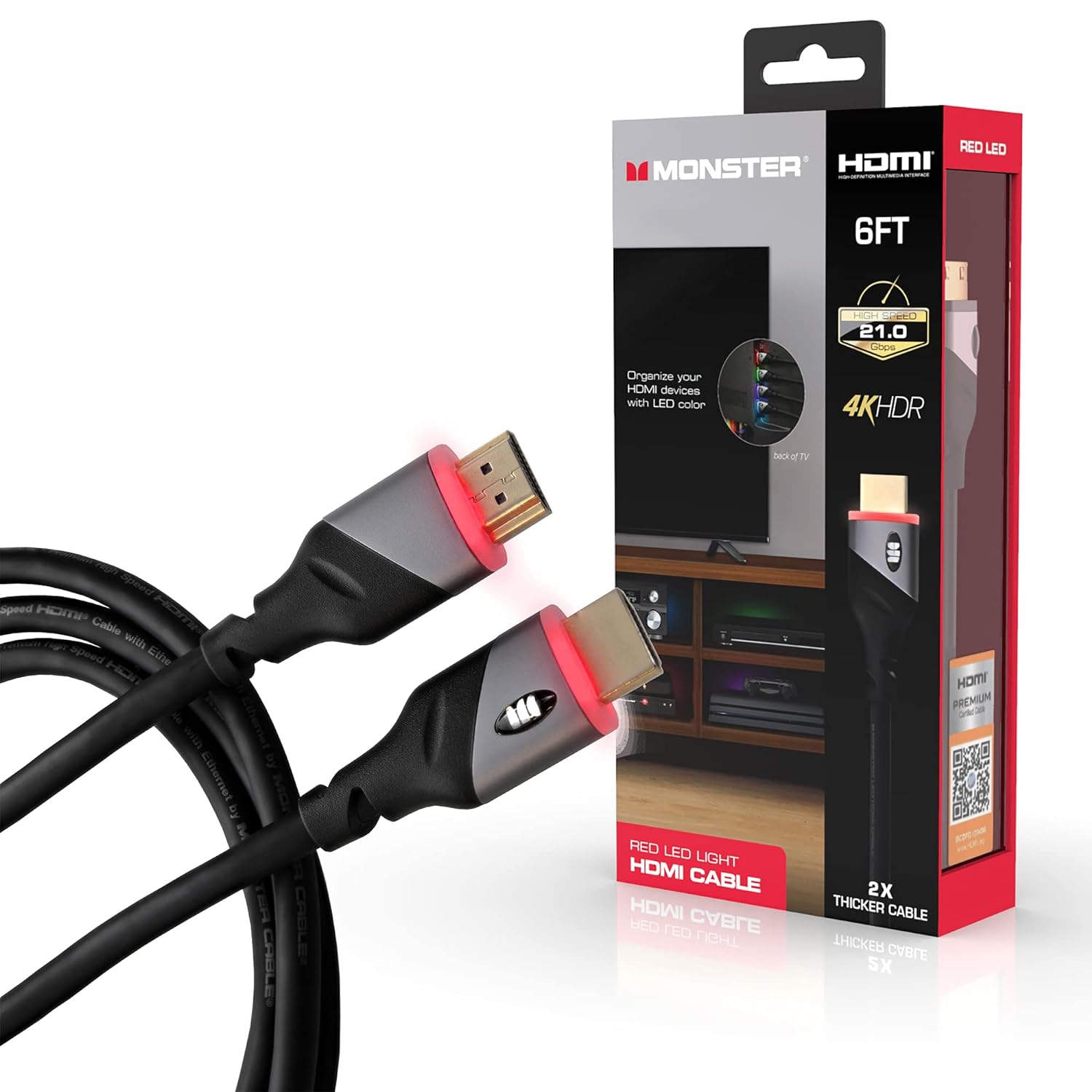 Monster - Câble HDMI 4K HDR Haute Vitesse avec LED Rouge Intégré, Longeur de 6 Pieds - Simple Boutique