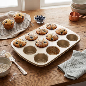iBake Moule à muffins 12 cavités antiadhésif Diamond - Champagne Doré - Lot de 2 - Simple Boutique