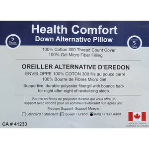 Oreiller 100% Fibres Micro Gel, Enveloppe en coton, Grandeur King, Fabriqué au Canada - Simple Boutique