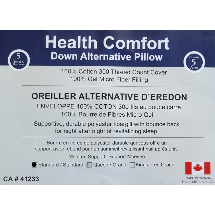 Oreiller 100% Fibres Micro Gel, Enveloppe en coton, Grandeur Standard, Fabriqué au Canada - Simple Boutique
