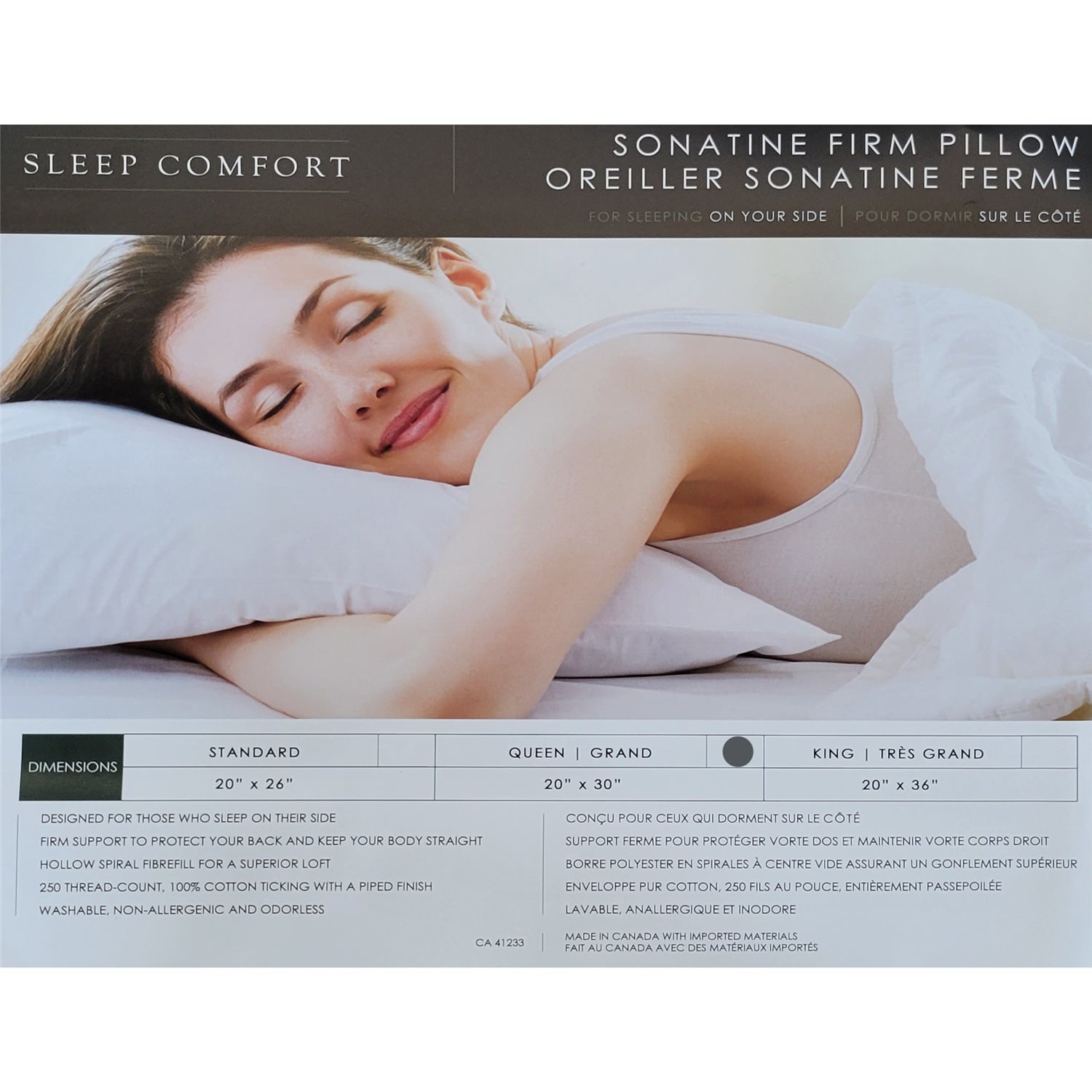 Oreiller Sonatine, Support Ferme, Pour Dormir sur le Coté, Grandeur Queen, Fait au Canada - Simple Boutique