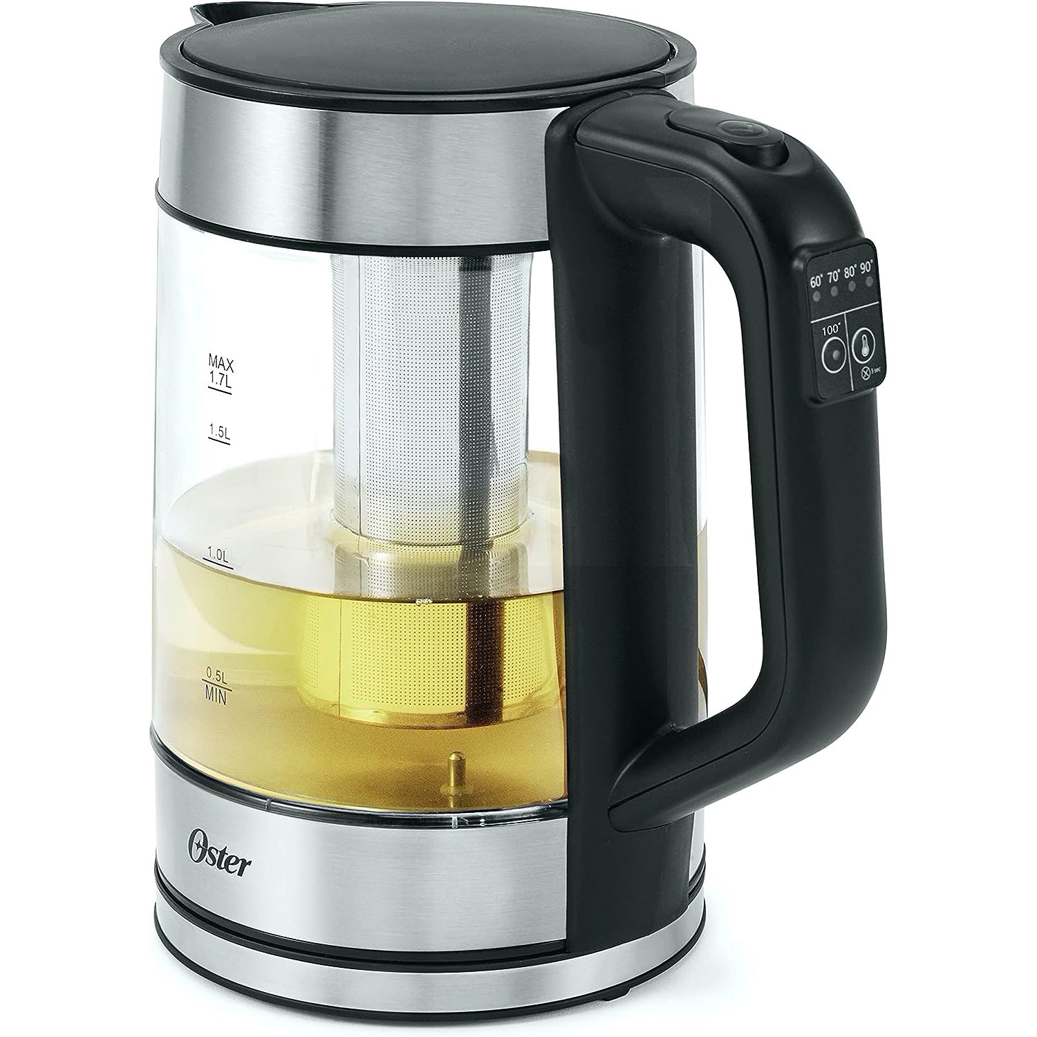 Oster - Bouilloire en Verre avec Infuseur à Thé, Capacité de 1.7 Litre, 5 Réglages de Température, Acier Inoxydable - Simple Boutique