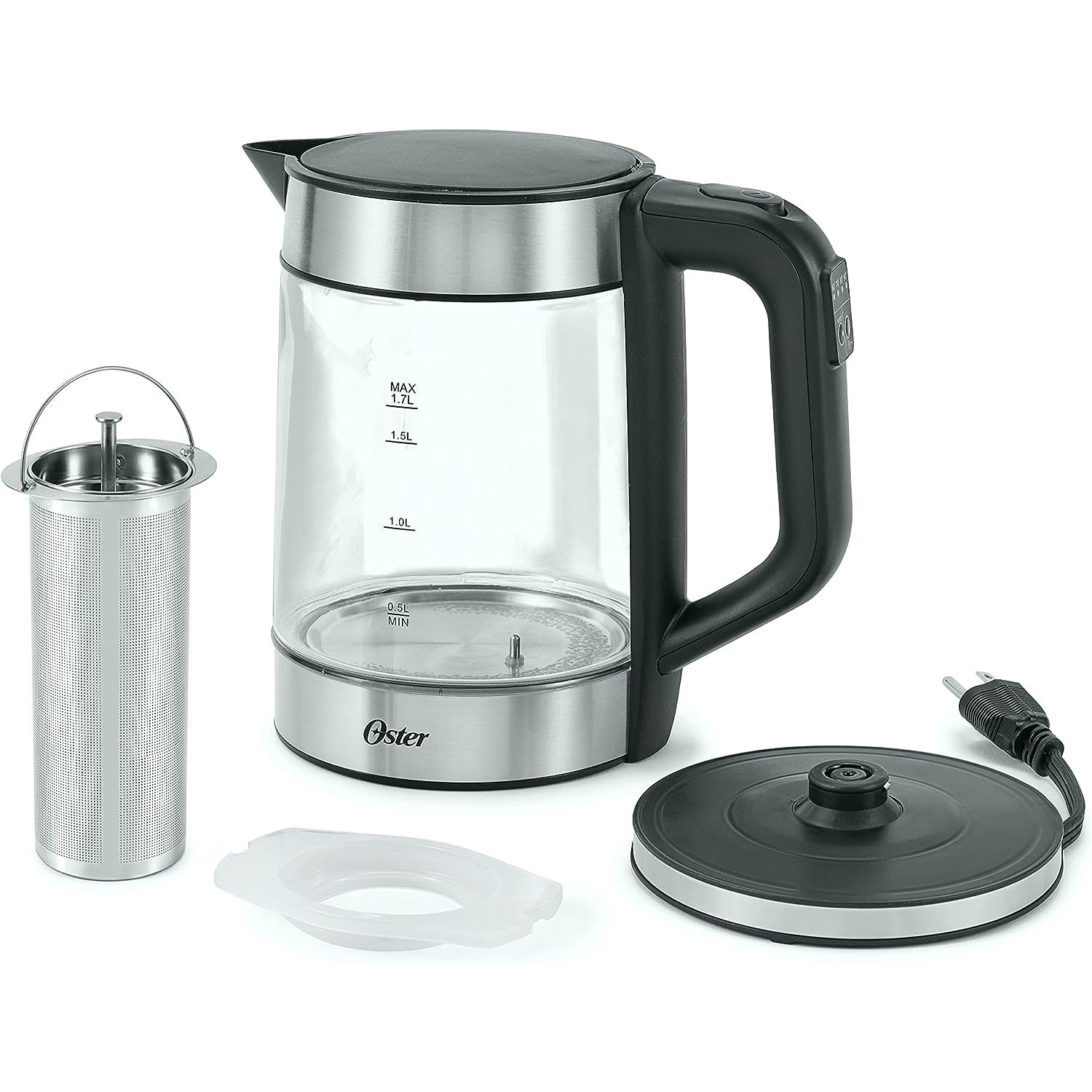 Oster - Bouilloire en Verre avec Infuseur à Thé, Capacité de 1.7 Litre, 5 Réglages de Température, Acier Inoxydable - Simple Boutique