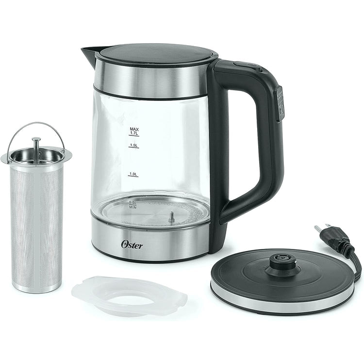 Oster - Bouilloire en Verre avec Infuseur à Thé, Capacité de 1.7 Litre, 5 Réglages de Température, Acier Inoxydable - Simple Boutique