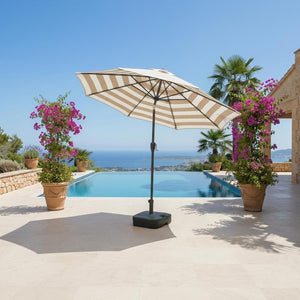 Parasol extérieur 8' Sunset, inclinable avec manivelle, beige rayé - Simple Boutique